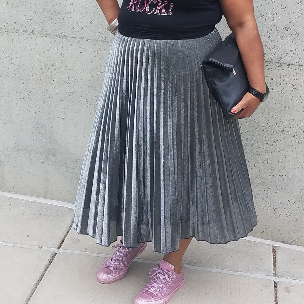 Silver/pewter metallic pleated midi skirt